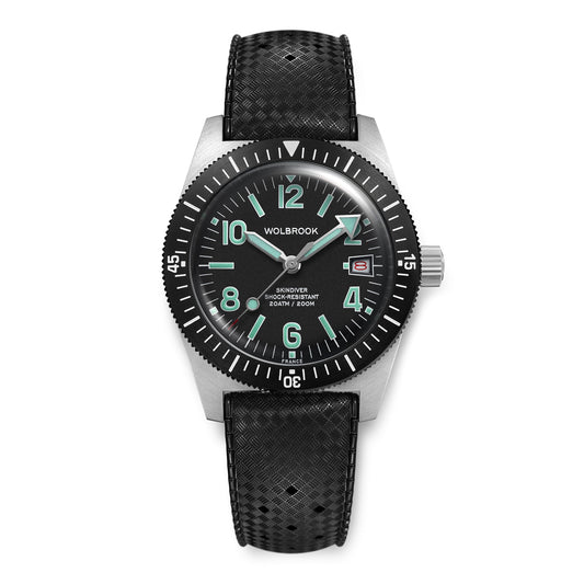 Skindiver Automatic 38 mm Even Numerals Dive Watch - Green Lume - Black "Tropic" Rubber Strap