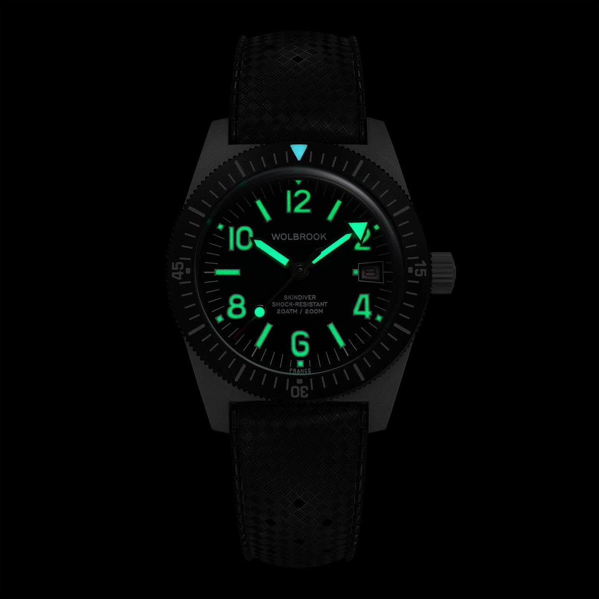Skindiver Automatic 38 mm Even Numerals Dive Watch - Green Lume - Black "Tropic" Rubber Strap