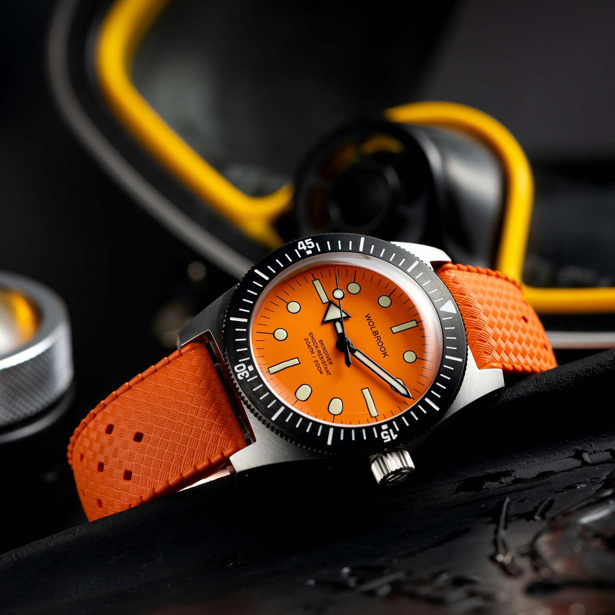 Skindiver Automatic Dive Watch - 38 mm - Orange - Black "Tropic" Rubber Strap