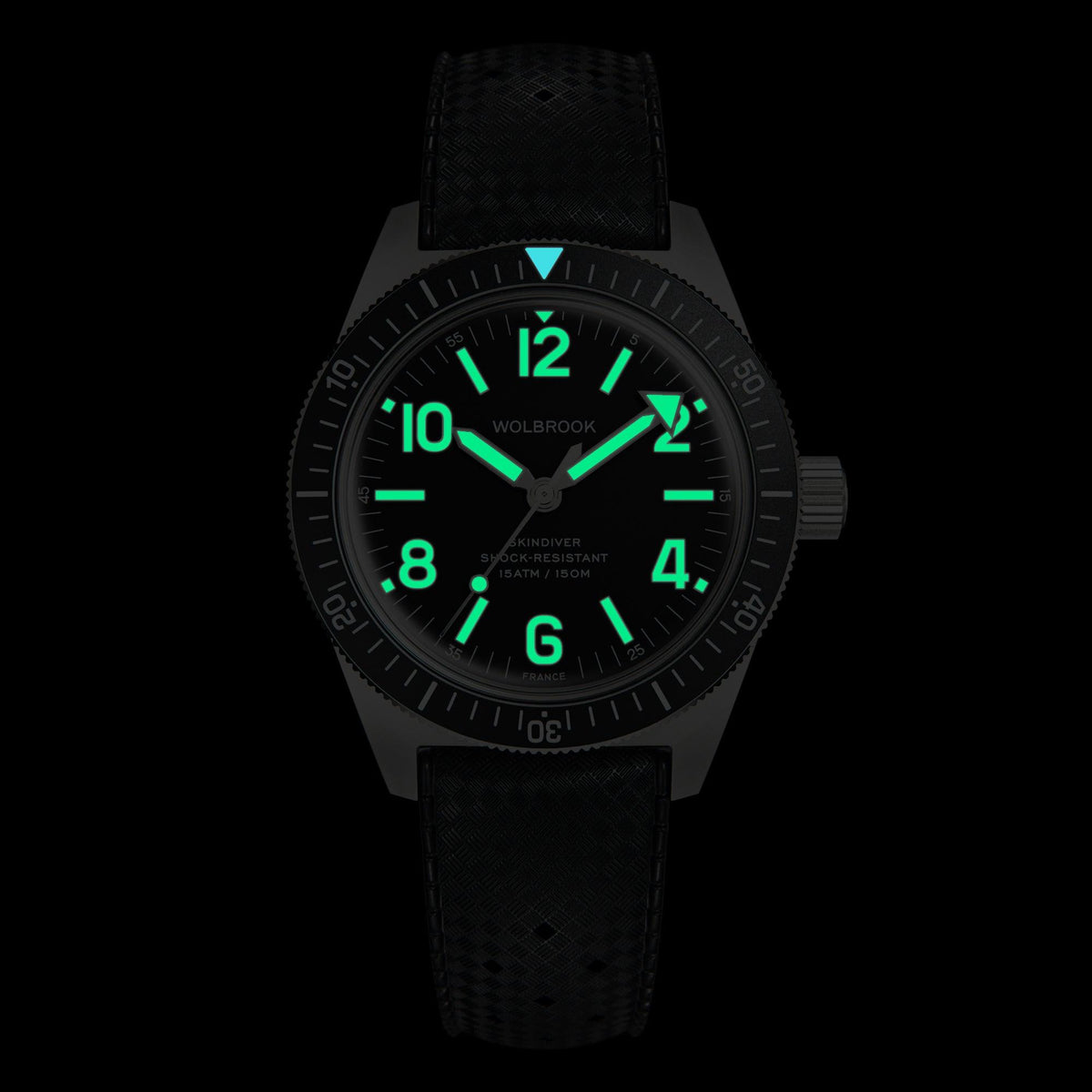 Skindiver Automatic Watch - Vintage Lum & Black Dial - Green Rubber Strap