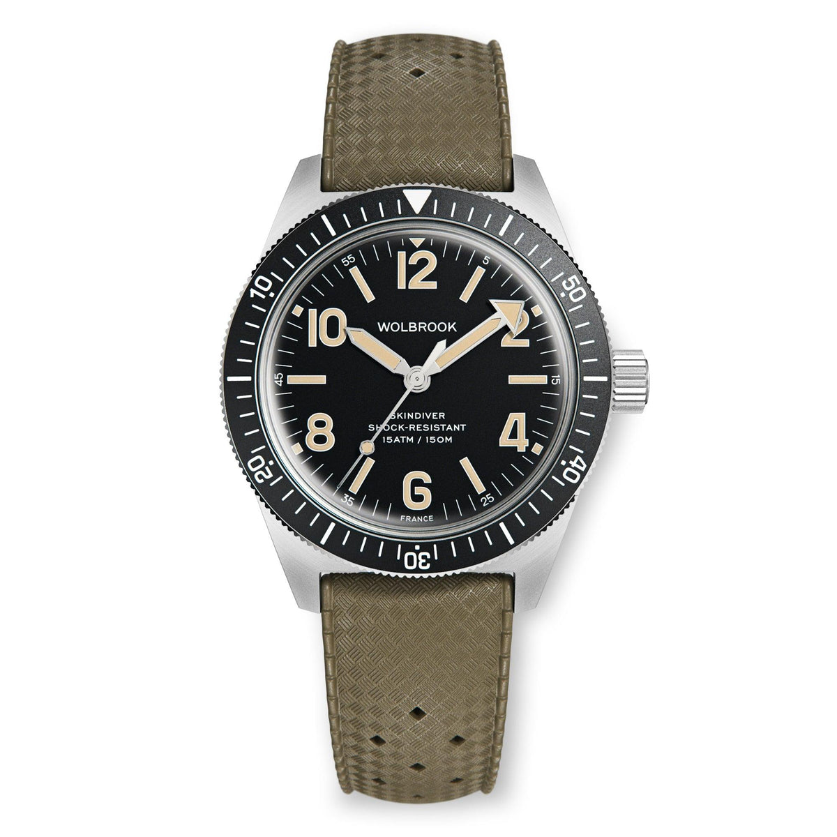 Skindiver Automatic Watch - Vintage Lum & Black Dial - Green Rubber Strap