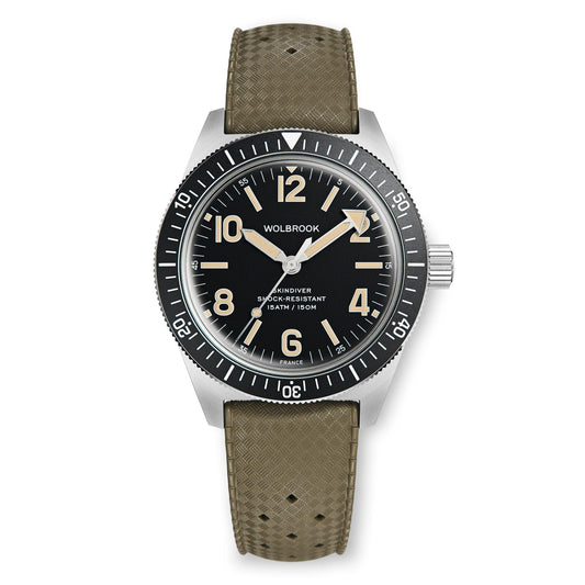Skindiver Automatic Watch - Vintage Lum & Black Dial - Green Rubber Strap