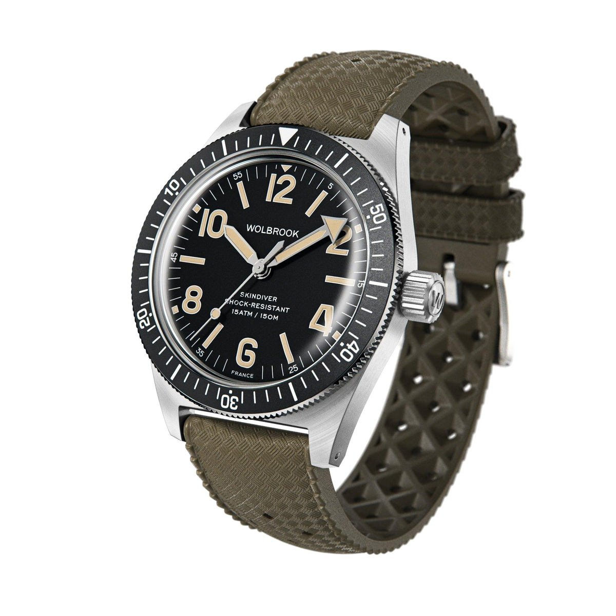 Skindiver Automatic Watch - Vintage Lum & Black Dial - Green Rubber Strap