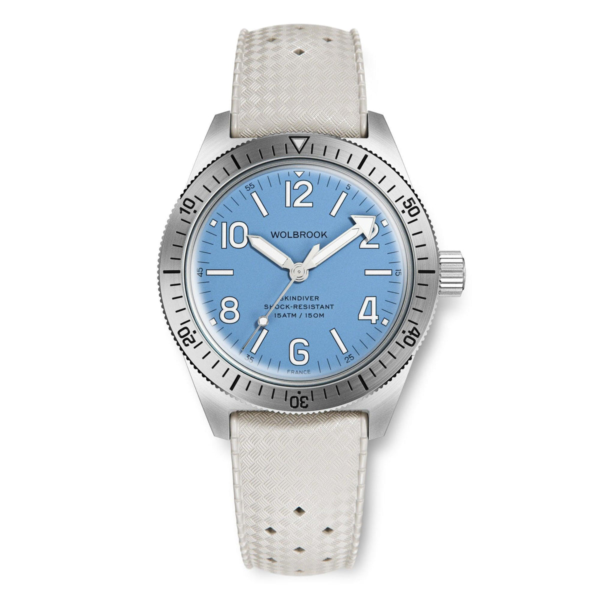 Skindiver Automatic Watch – Sky Blue - White "Tropic" Rubber Strap