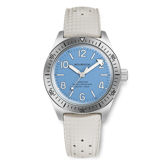 Skindiver Automatic Watch – Sky Blue - White "Tropic" Rubber Strap
