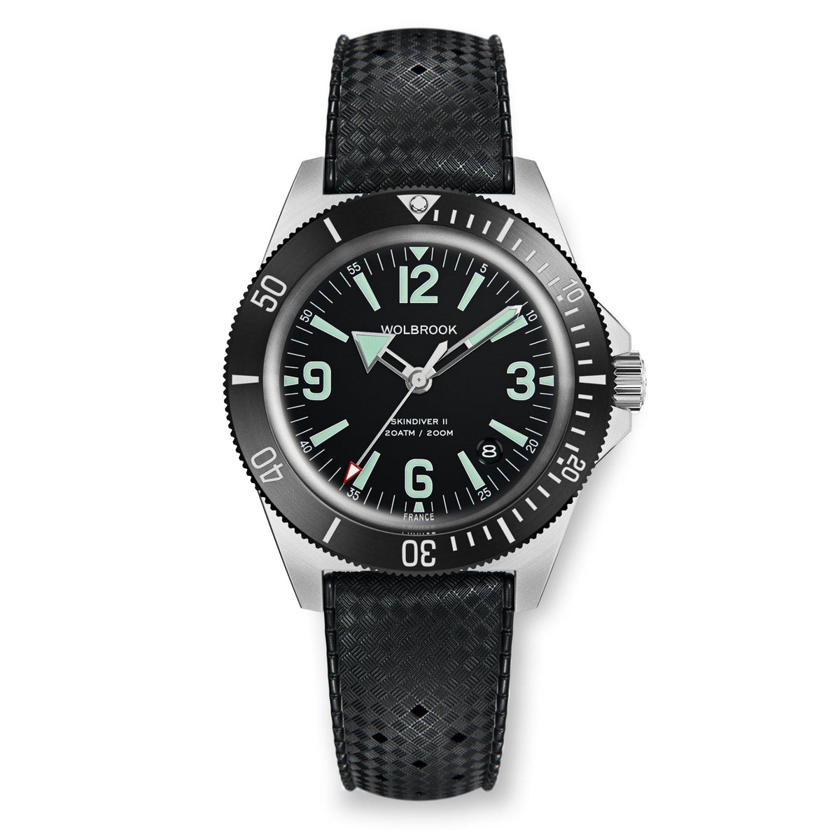Skindiver II Automatic Dive Watch - Green Lum & Black Dial - Black "Tropic" Rubber Strap
