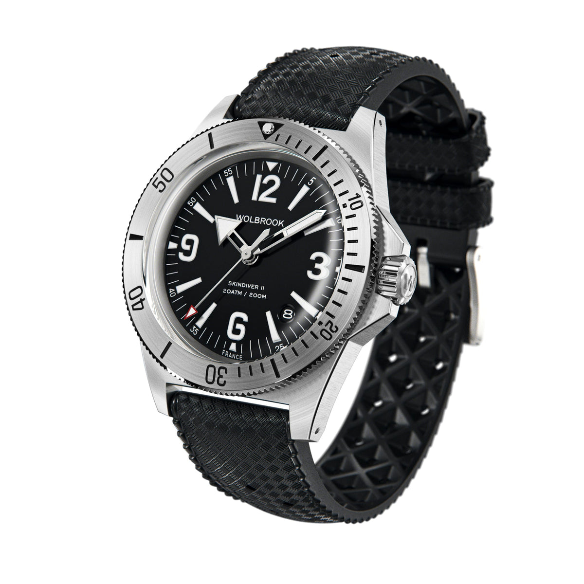 Skindiver II Automatic Dive Watch - White Lum & Black Dial - Military Green "Tropic" Rubber Strap
