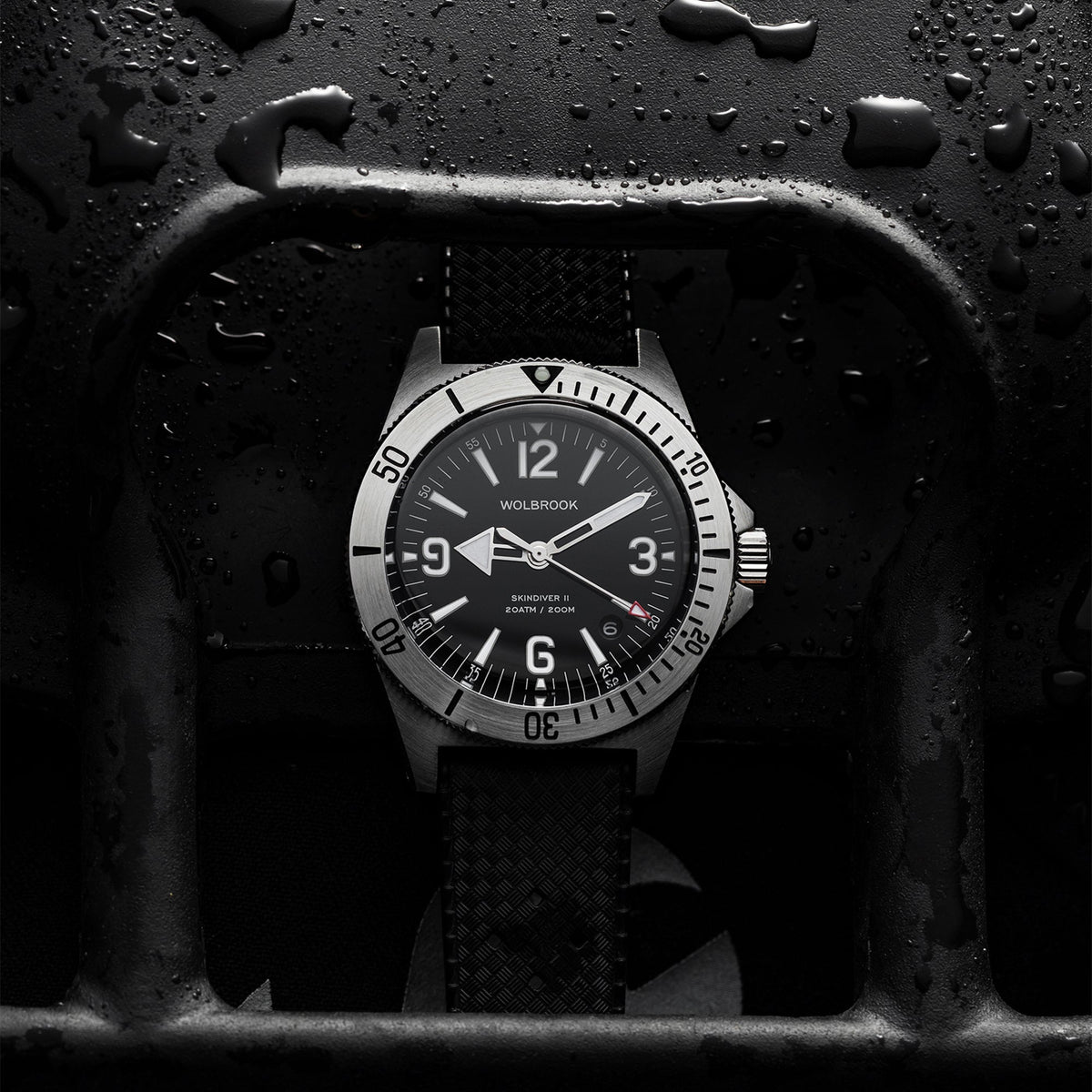 Skindiver II Automatic Dive Watch - White Lum & Black Dial - Military Green "Tropic" Rubber Strap