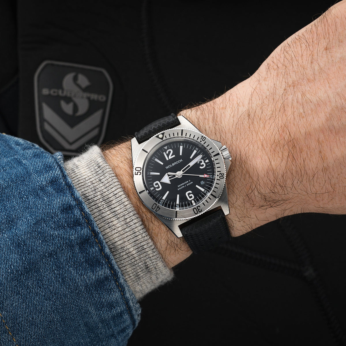 Skindiver II Automatic Dive Watch - White Lum & Black Dial - Military Green "Tropic" Rubber Strap