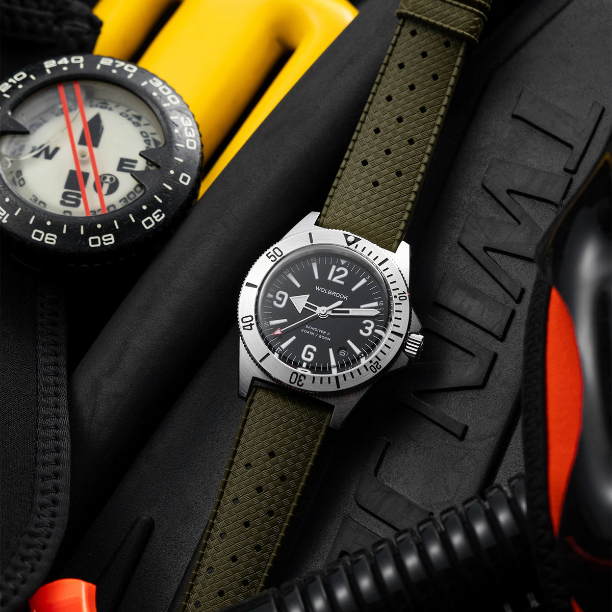 Skindiver II Automatic Dive Watch - White Lum & Black Dial - Military Green "Tropic" Rubber Strap