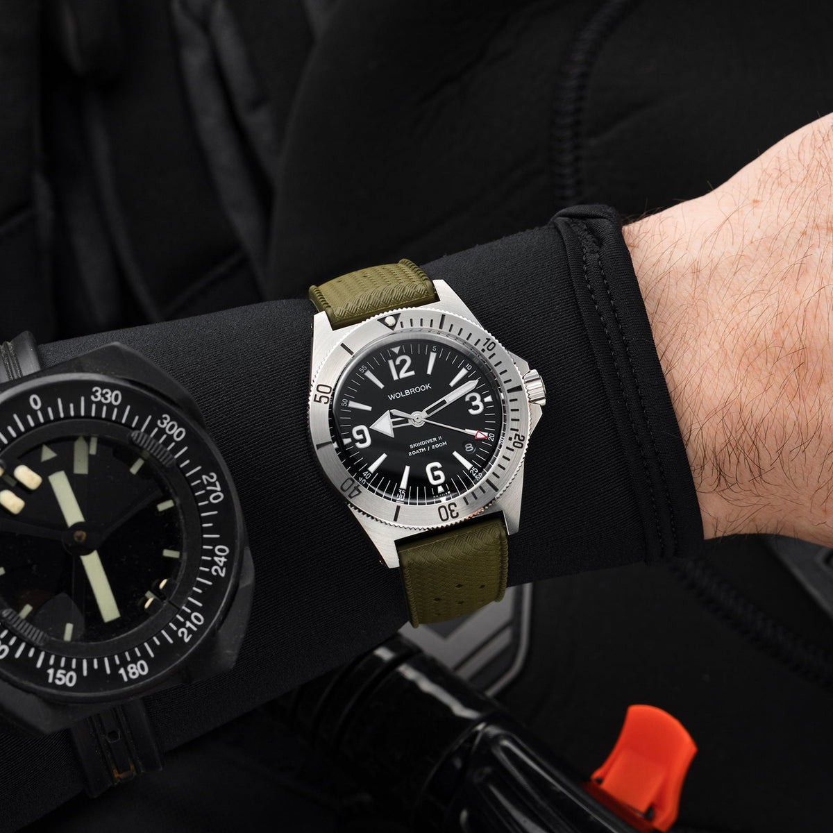 Skindiver II Automatic Dive Watch - White Lum & Black Dial - Military Green "Tropic" Rubber Strap