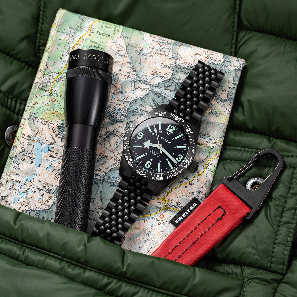 Skindiver WT Mecaquartz Watch - Green Lum & Black PVD - Black Nylon & Leather Strap