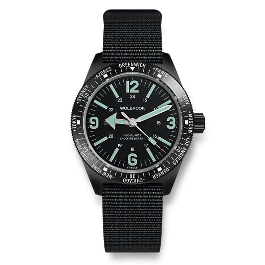 Skindiver WT Mecaquartz Watch - Green Lum & Black PVD - Black Nylon & Leather Strap
