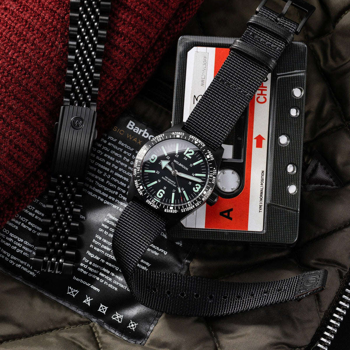 Skindiver WT Mecaquartz Watch - Green Lum & Black PVD - Black Nylon & Leather Strap
