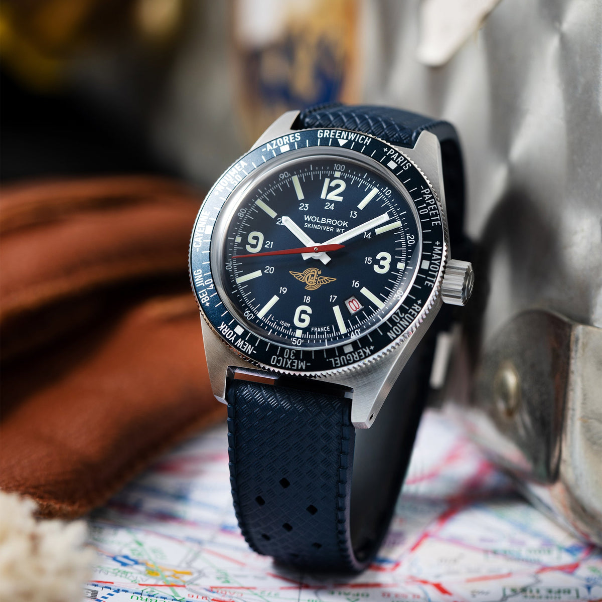 Skindiver WT Automatic Watch - Aéro-Club de France - Special Edition - Blue One-Piece Leather Strap / No