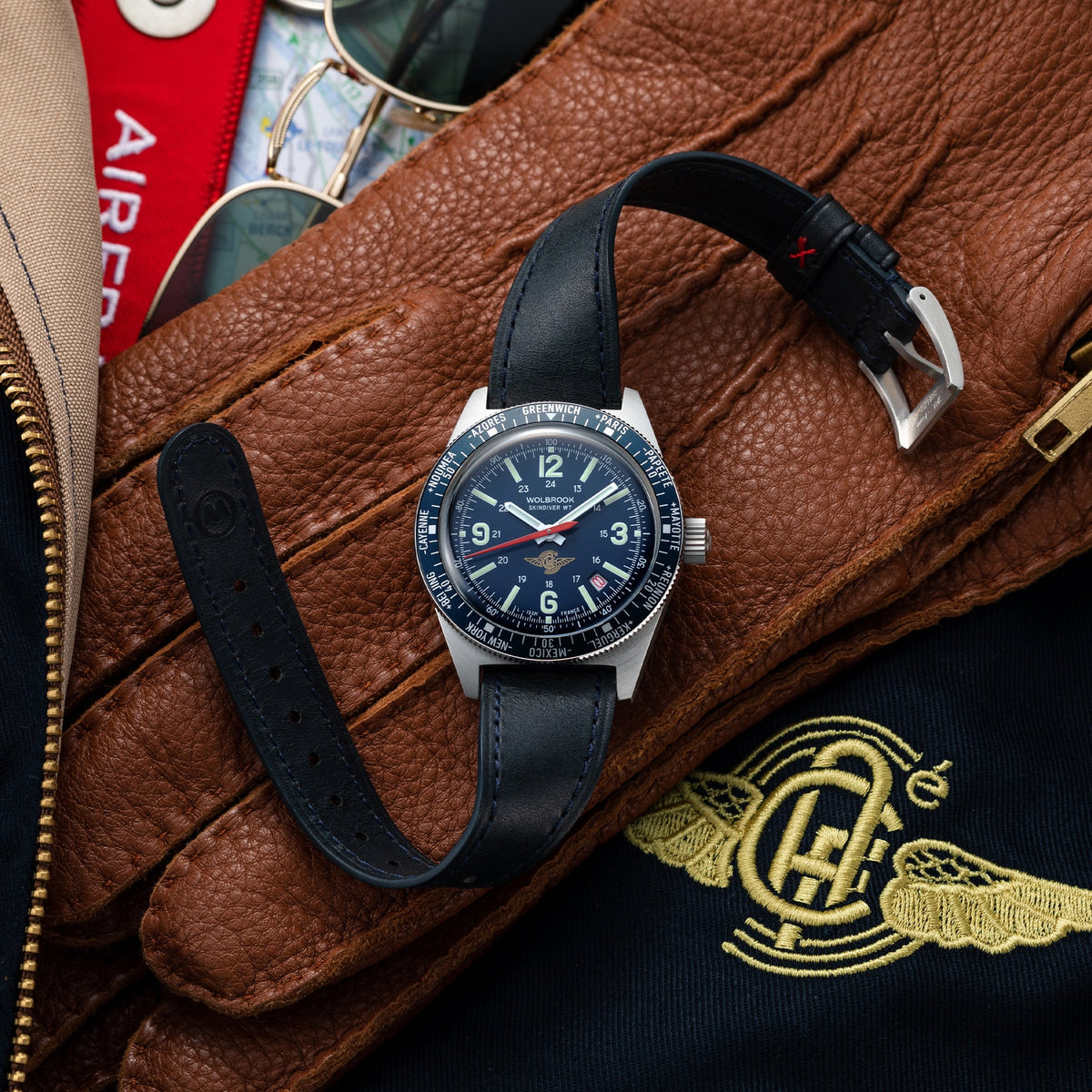 Skindiver WT Automatic Watch - Aéro-Club de France - Special Edition - Blue One-Piece Leather Strap / No