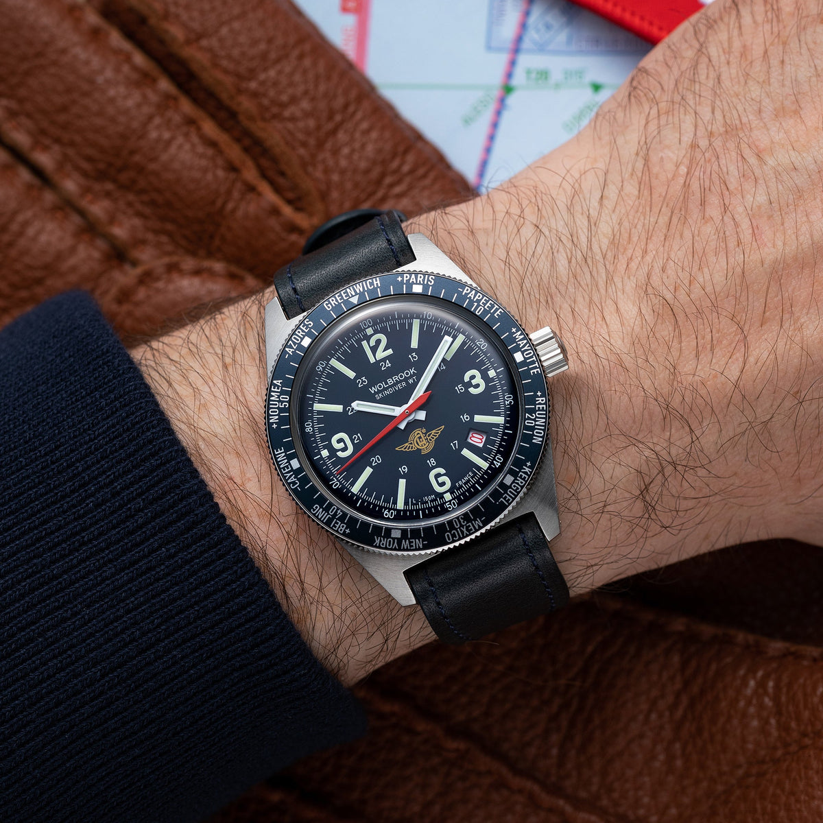 Skindiver WT Automatic Watch - Aéro-Club de France - Special Edition - Blue One-Piece Leather Strap / No