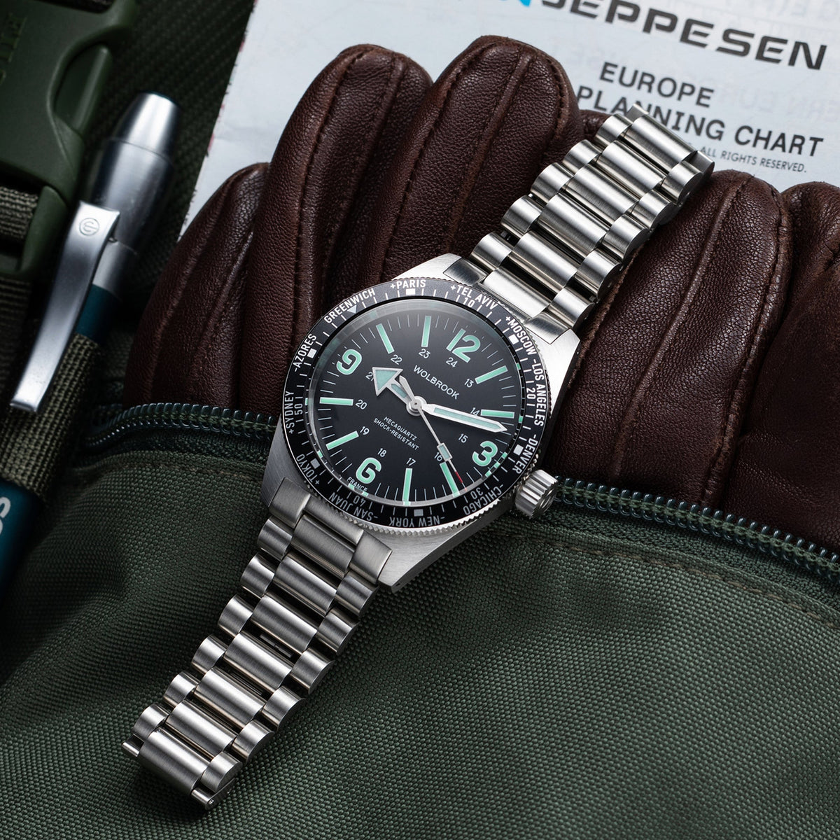 Skindiver WT Mecaquartz Watch - Green Lum & Steel Bezel with Black Aluminum Insert - Black Nylon & Leather Strap