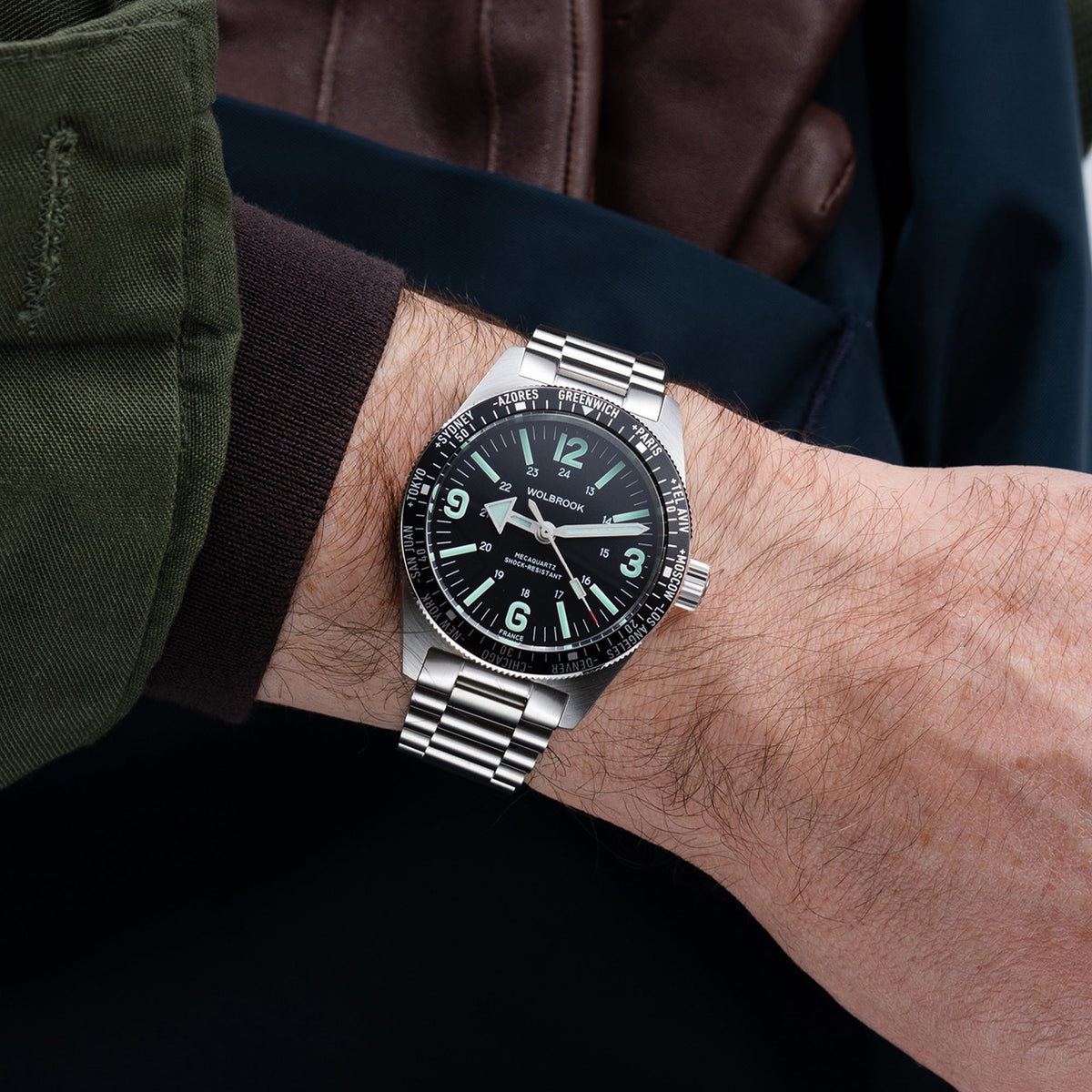 Skindiver WT Mecaquartz Watch - Green Lum & Steel Bezel with Black Aluminum Insert - Black Nylon & Leather Strap