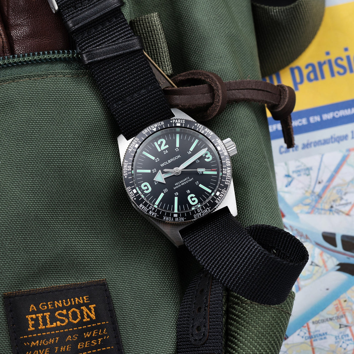 Skindiver WT Mecaquartz Watch - Green Lum & Steel Bezel with Black Aluminum Insert - Black Nylon & Leather Strap