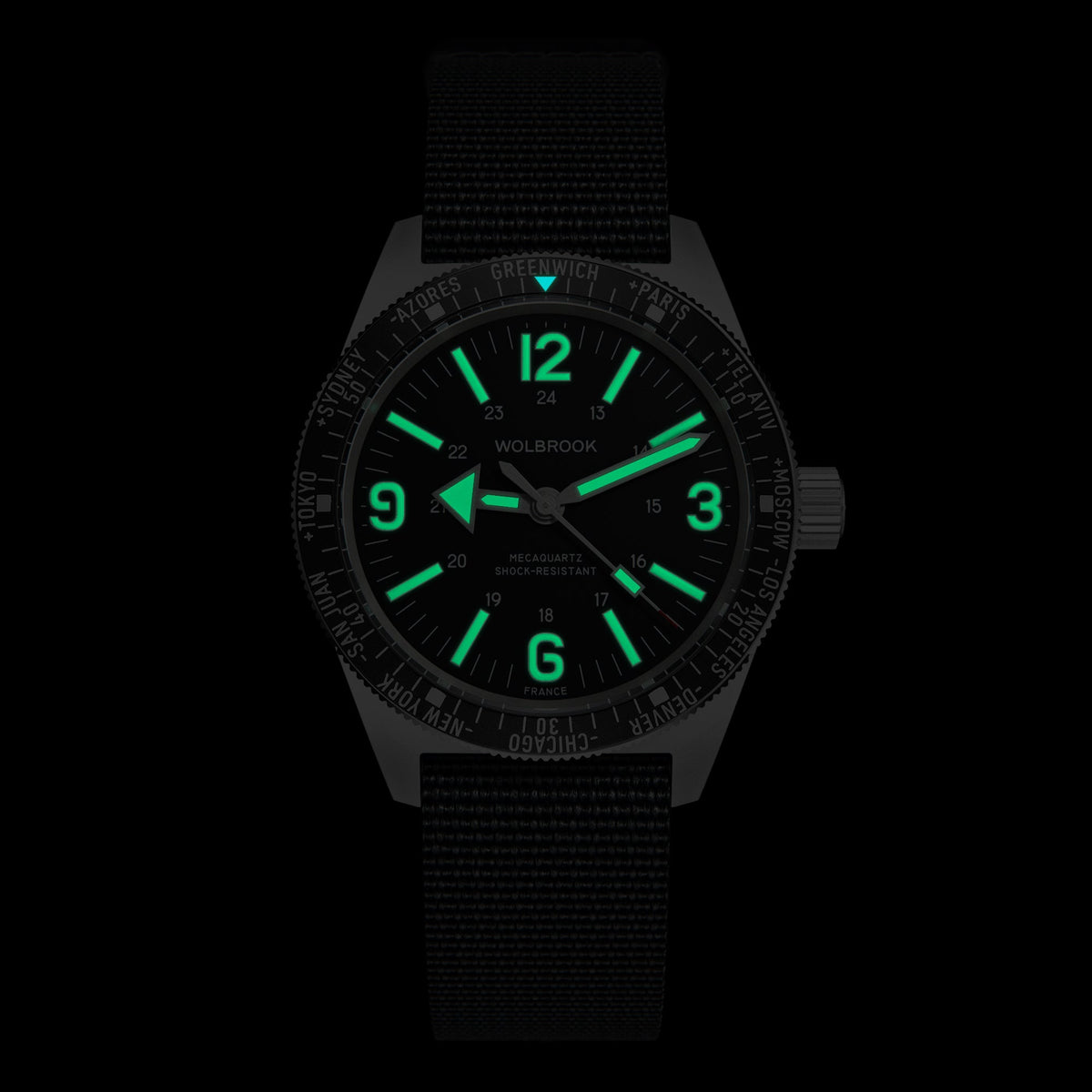 Skindiver WT Mecaquartz Watch - Green Lum & Steel Bezel with Black Aluminum Insert - Black Nylon & Leather Strap
