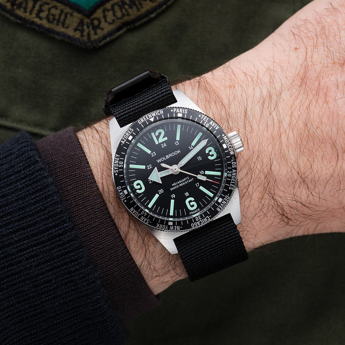 Skindiver WT Mecaquartz Watch - Green Lum & Steel Bezel with Black Aluminum Insert - Black Nylon & Leather Strap