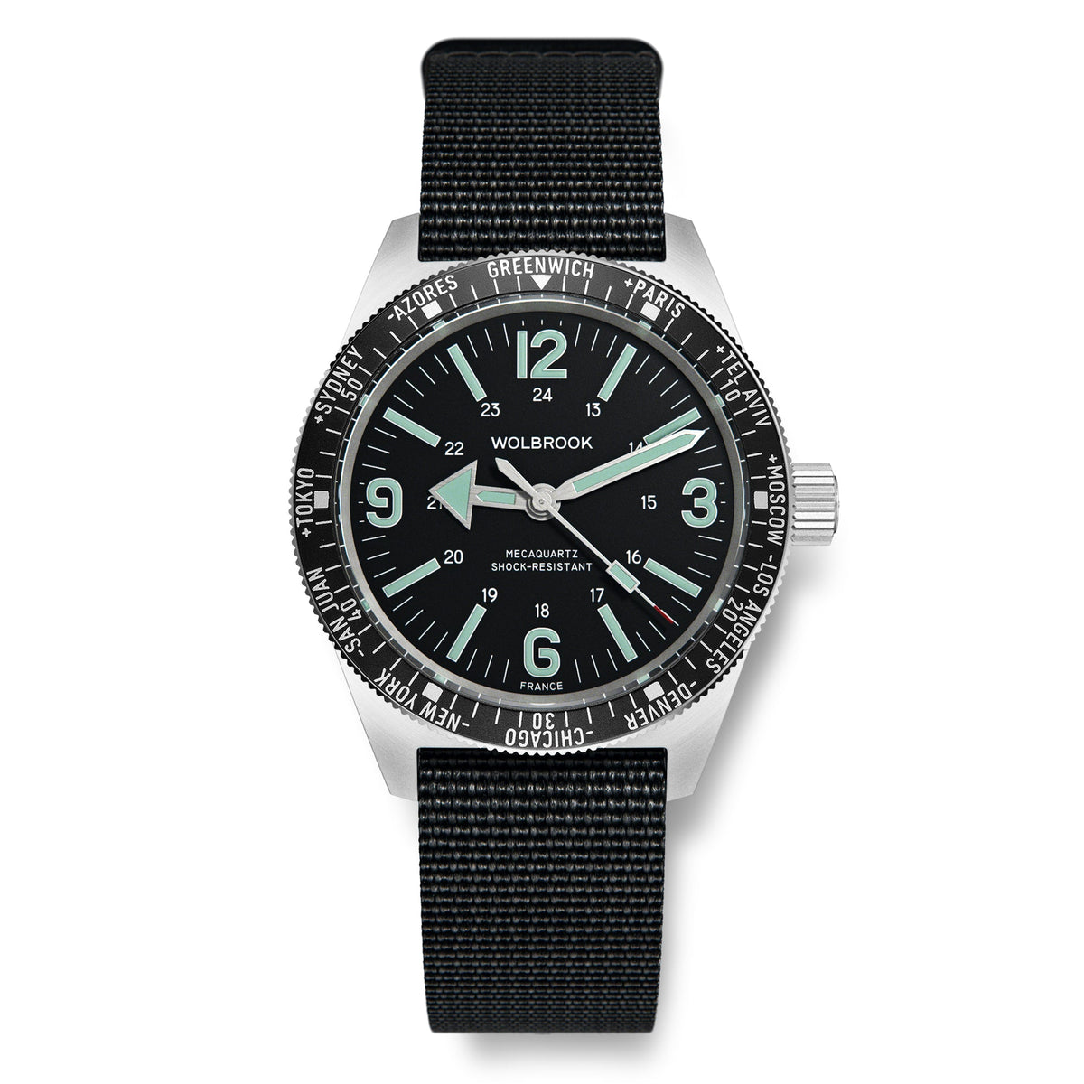 Skindiver WT Mecaquartz Watch - Green Lum & Steel Bezel with Black Aluminum Insert - Black Nylon & Leather Strap