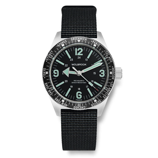Skindiver WT Mecaquartz Watch - Green Lum & Steel Bezel with Black Aluminum Insert - Black Nylon & Leather Strap