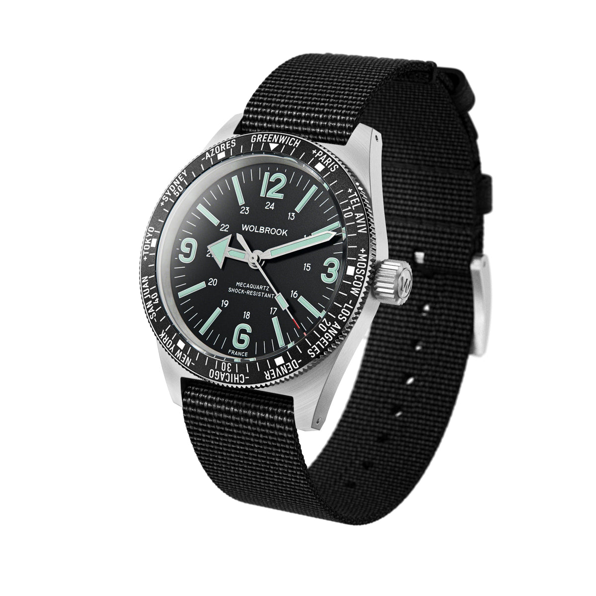 Skindiver WT Mecaquartz Watch - Green Lum & Steel Bezel with Black Aluminum Insert - Black Nylon & Leather Strap