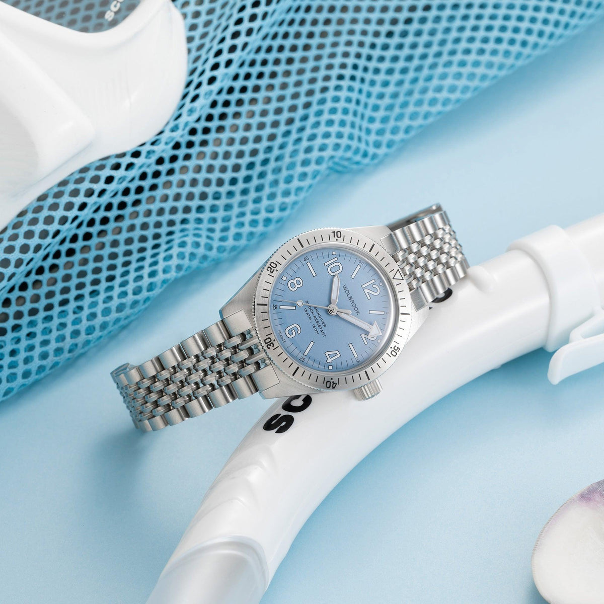 Skindiver Automatic Watch – Sky Blue - White "Tropic" Rubber Strap