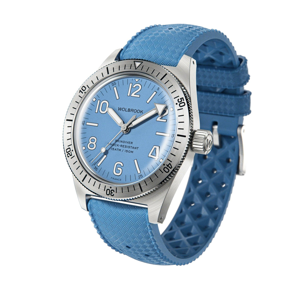 Skindiver Automatic Watch – Sky Blue - White "Tropic" Rubber Strap