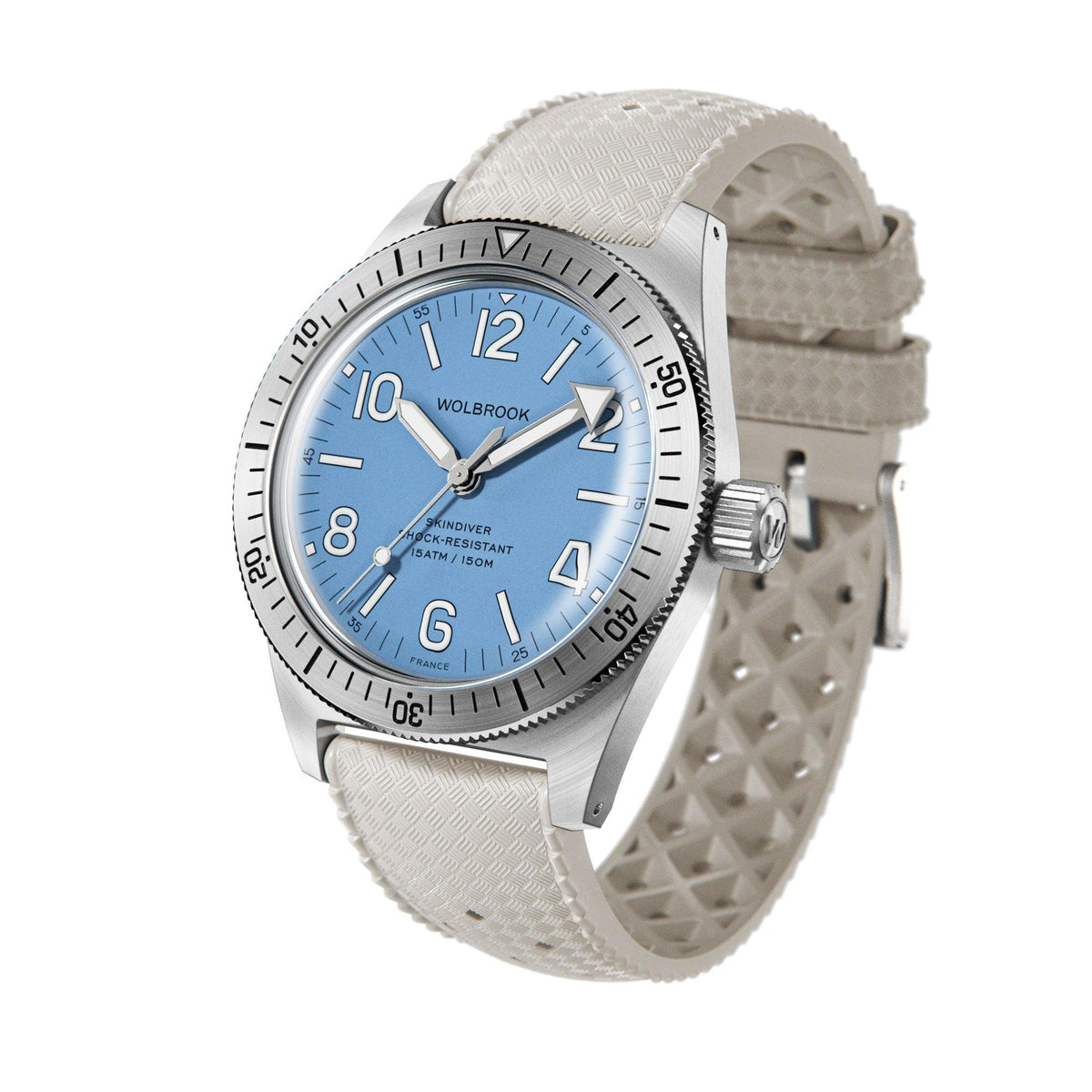 Skindiver Automatic Watch – Sky Blue - White "Tropic" Rubber Strap