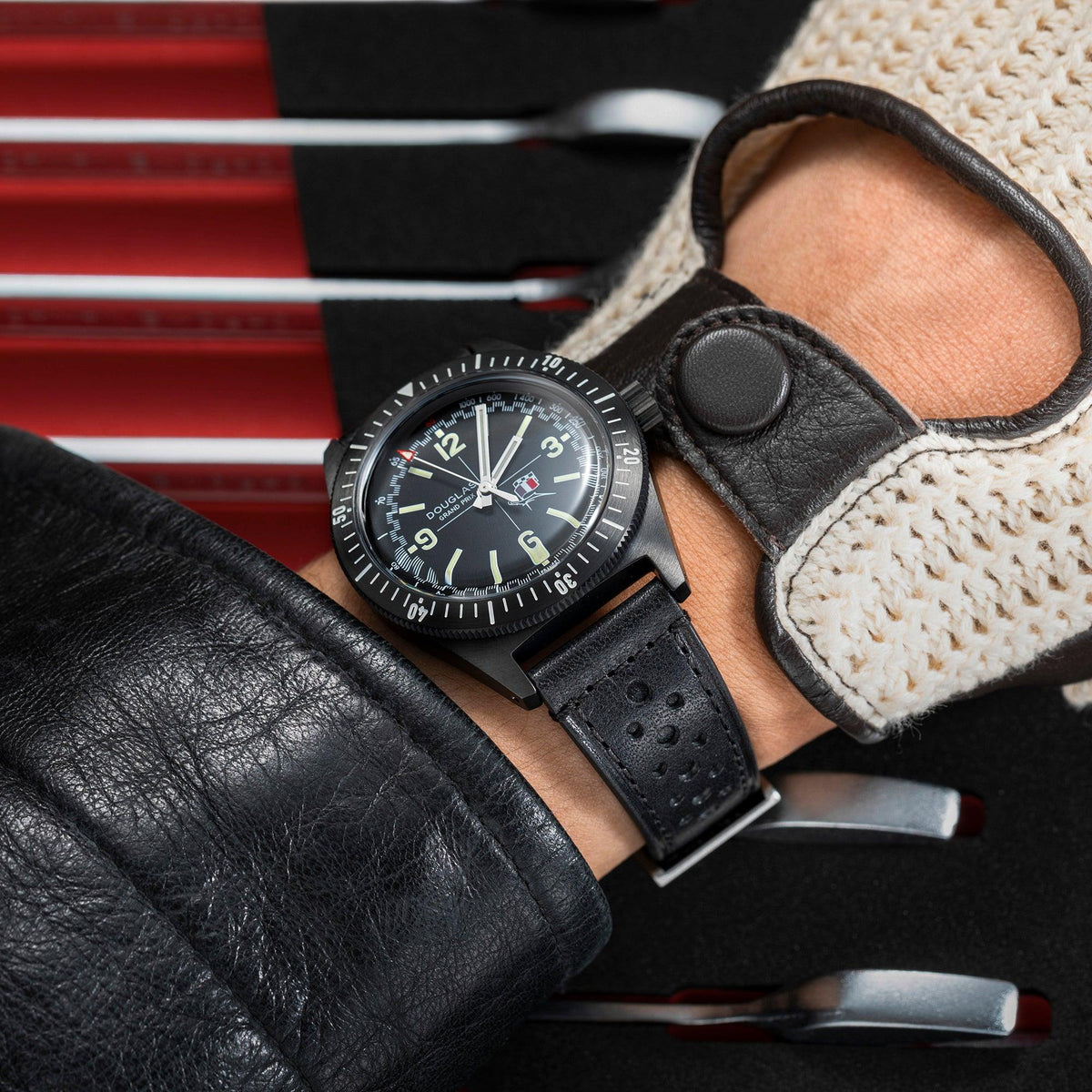 Douglas Grand Prix Professional Racing Watch - Black PVD - René Bonnet Djet 1962 Limited Edition - Black Rally Leather Strap